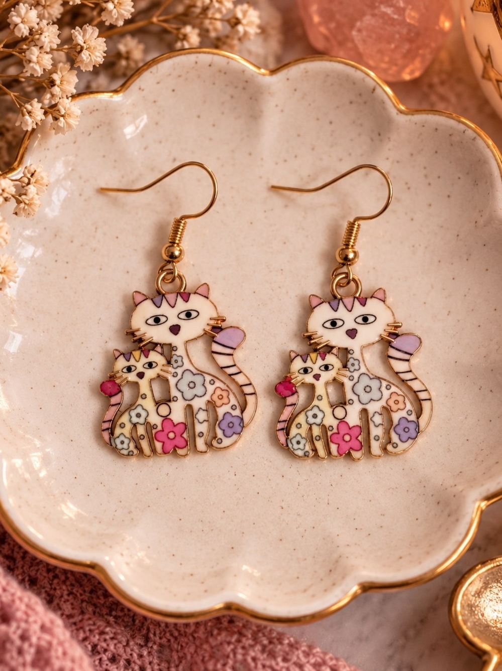 Cute Floral Cat Dangle Earrings - Pink & Purple New